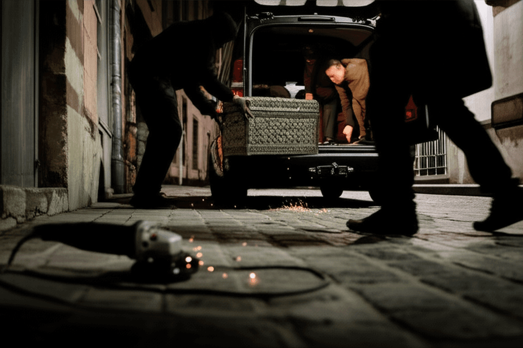 French police officers inspect a ladder used in a Louvre heist, illustrating the heist tech myth.