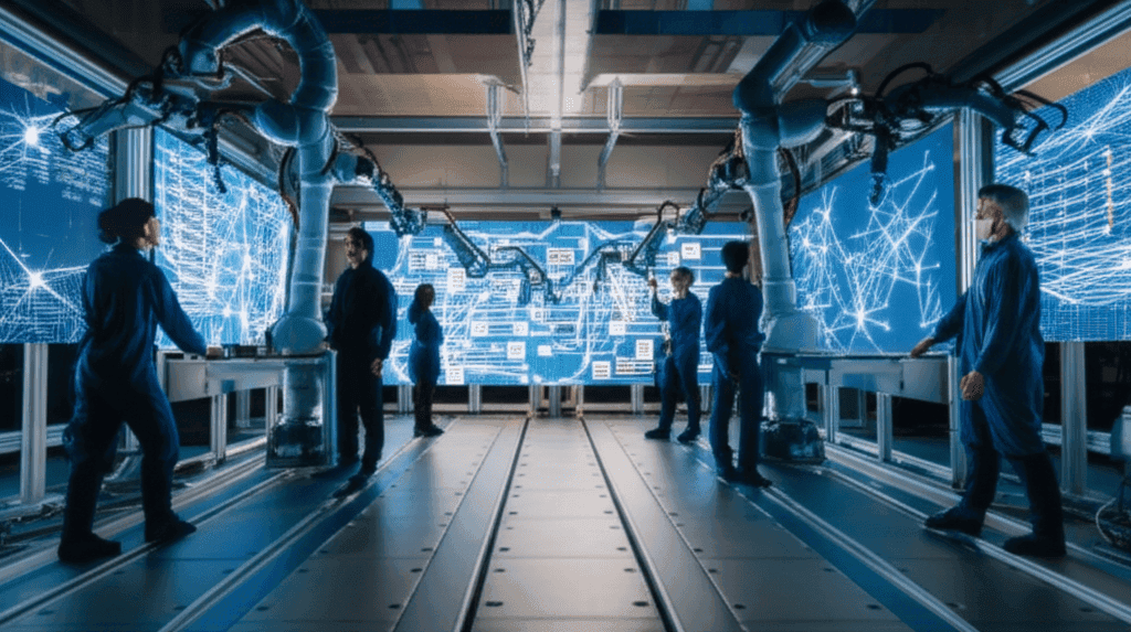 A futuristic cityscape with holographic AI interfaces overlaid, symbolizing the future Chinese open AI dominance.