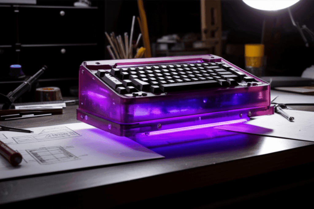 Close-up of the translucent purple undercarriage of the custom cyberdeck design, showcasing the underlighting.