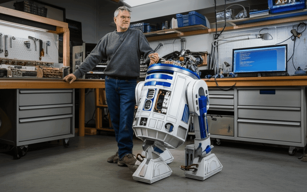 Steve Gibbs with his upgraded R2D2 robot, showcasing the new sensors.