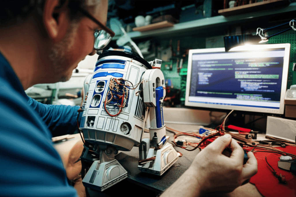 Steve Gibbs shows off his R2D2 robot upgrade project in his workshop.