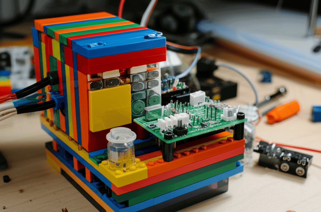 A functional LEGO motor built with LEGO bricks, neodymium magnets, and a small circuit board.