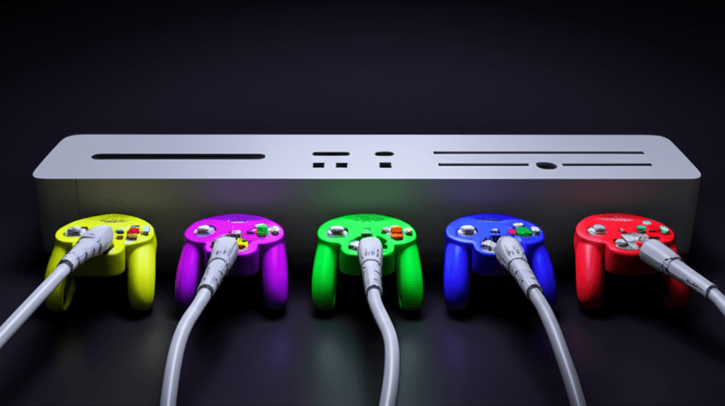 Modified Nintendo Switch dock with four GameCube controller ports installed.