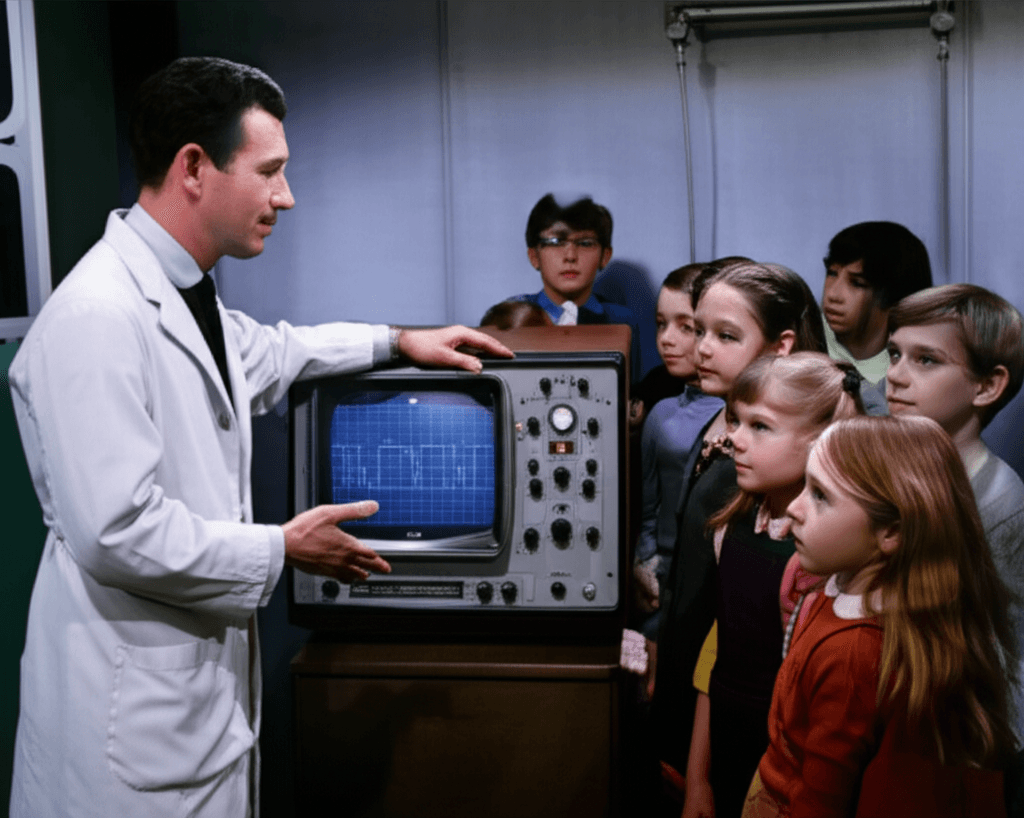 Mr. Wizard demonstrating IBM Retro Tech with a Tektronix oscilloscope.