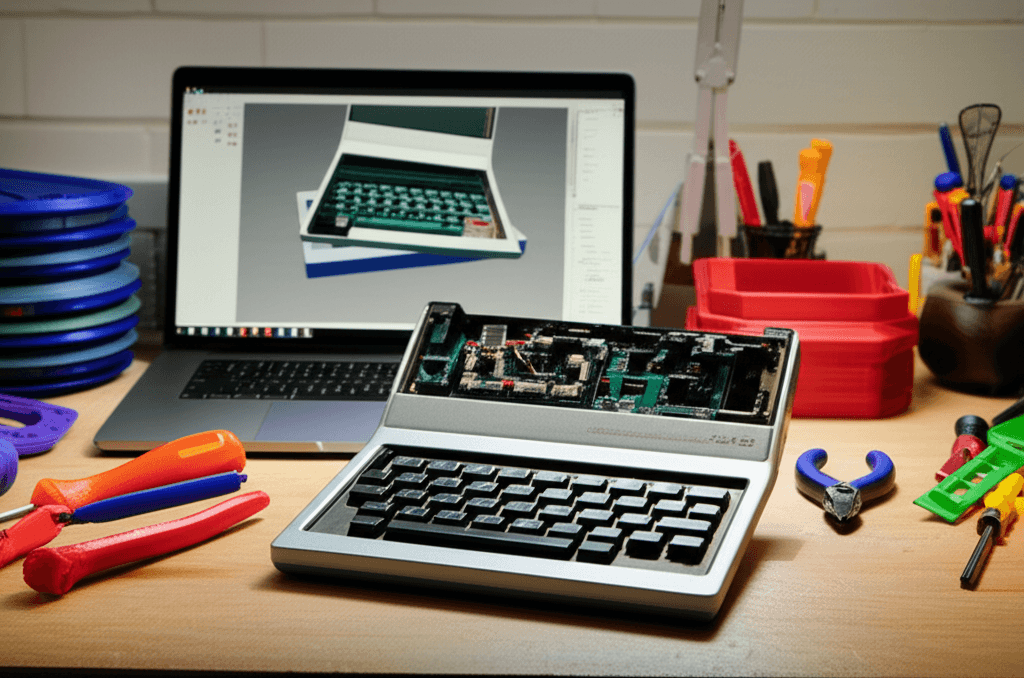 Innovative keyboard design with AlphaSmart NEO in typewriter shell.