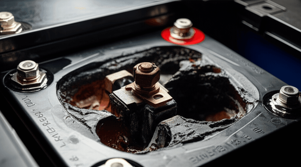 Molten plastic spacers indicate battle born failure in a Battle Born battery terminal.