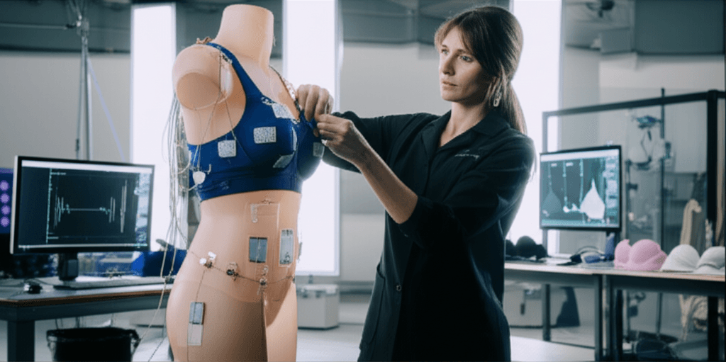 A breast biomechanic analyzing the fit of a sports bra on a mannequin in a lab.