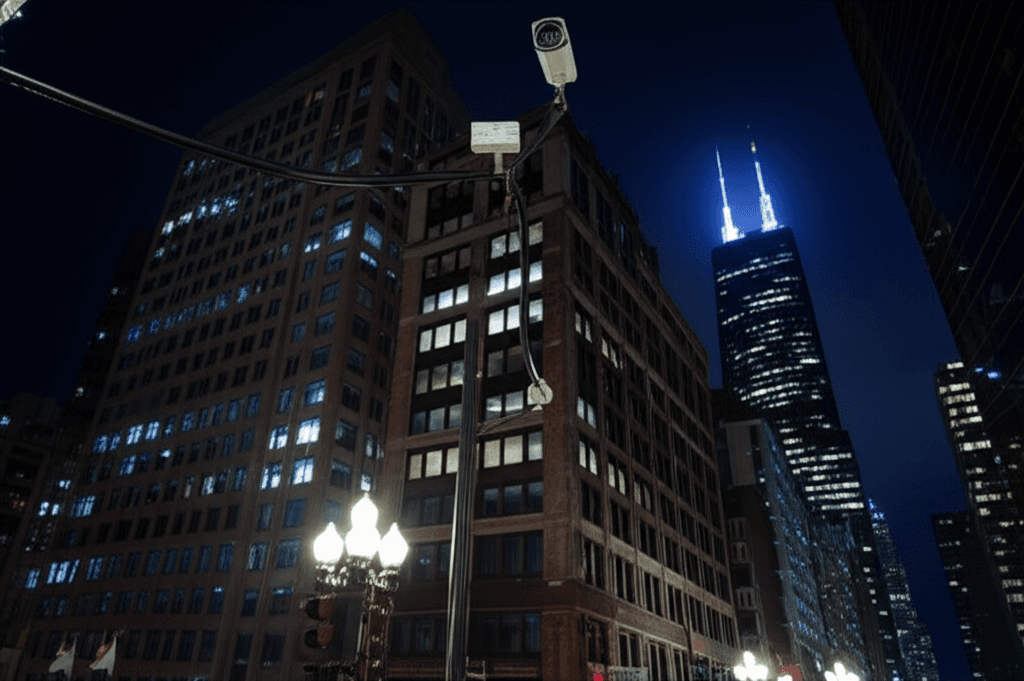 Surveillance cameras mounted on a pole in Chicago, representing the Chicago surveillance network.