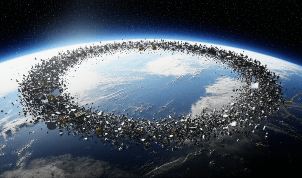 Illustration of the space junk problem with debris orbiting Earth.