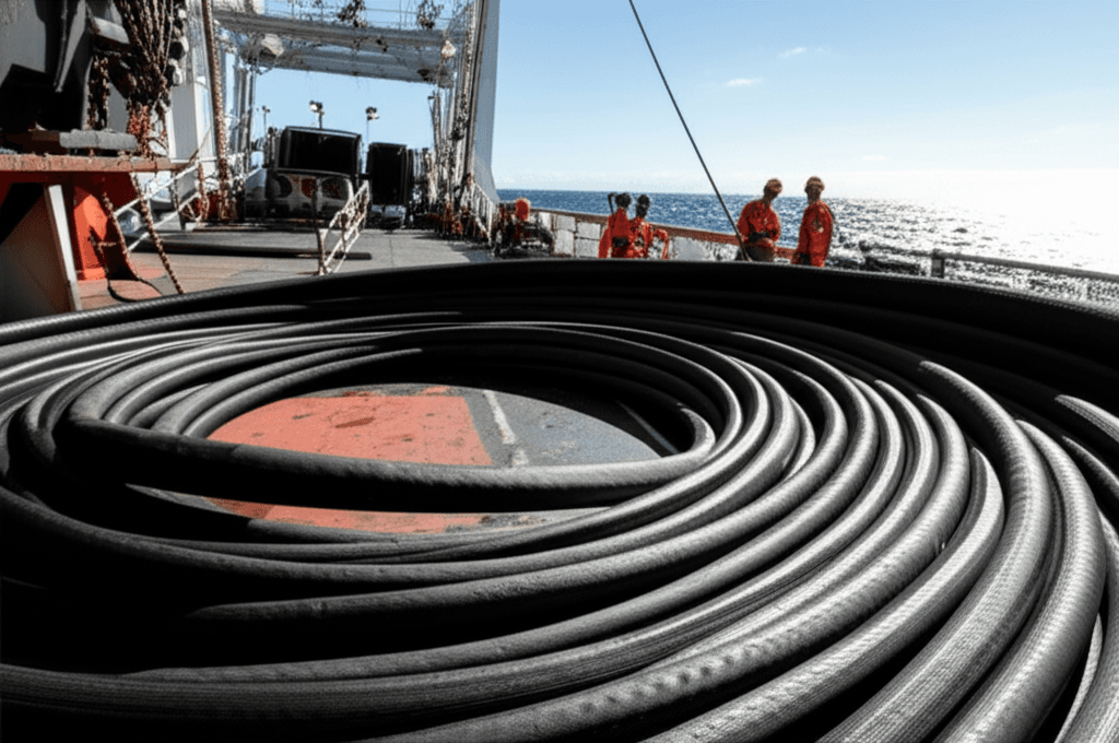 Recovered section of the transatlantic fiber cable TAT-8 on a ship deck.