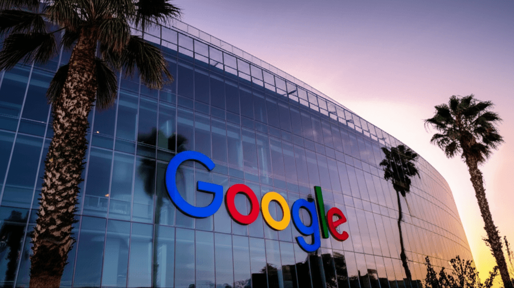 The Google logo displayed on a building, representing Google annual revenue.