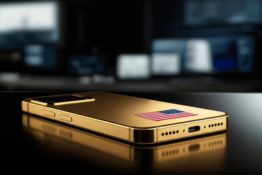 Trump Phone T1 design with gold finish and American flag detail.