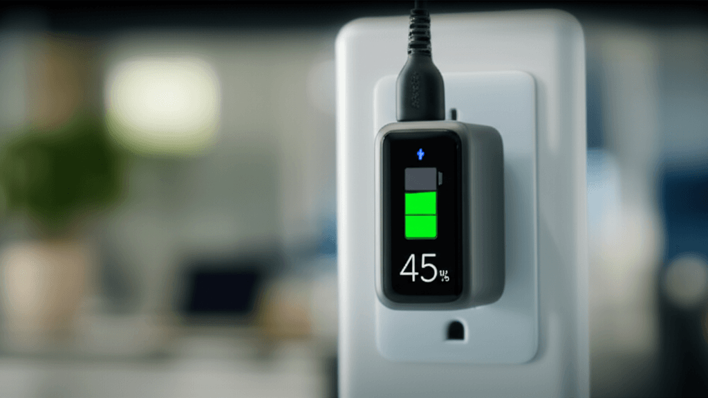 Anker Nano 45W charger with smart display showing charging information.