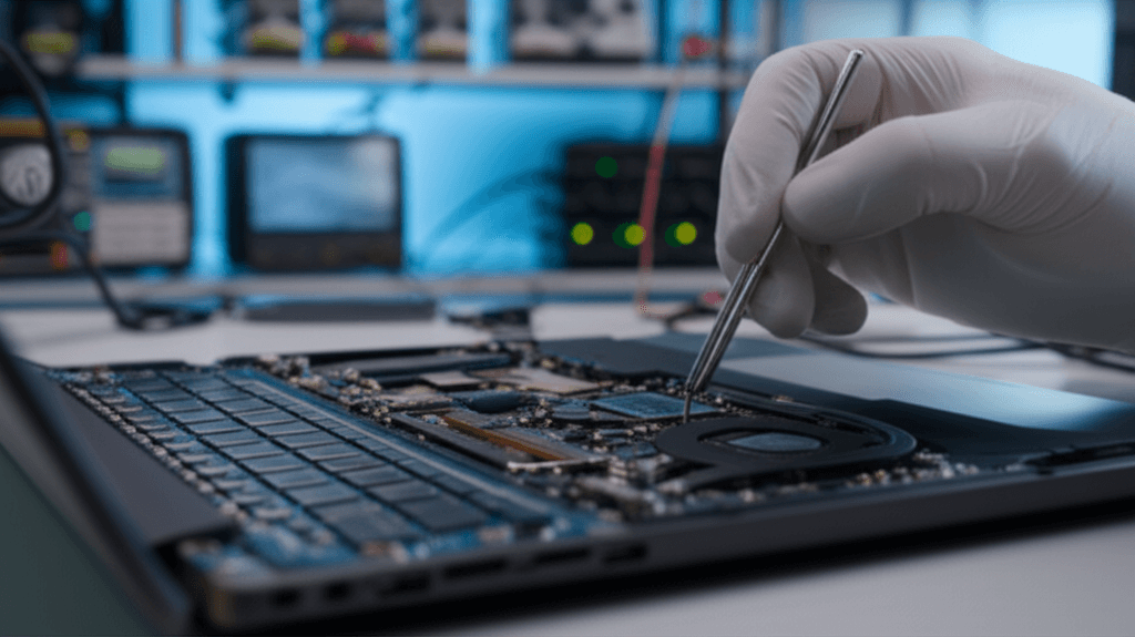 A close-up of a computer motherboard highlighting the secure boot chip during the Windows secure boot update process.