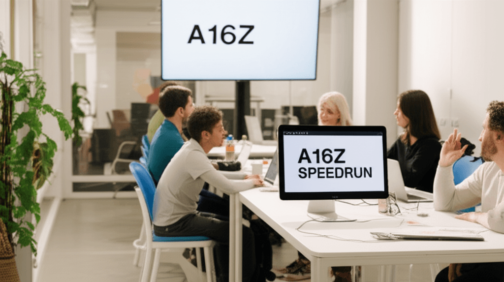 A16z Speedrun Program logo on a laptop screen.