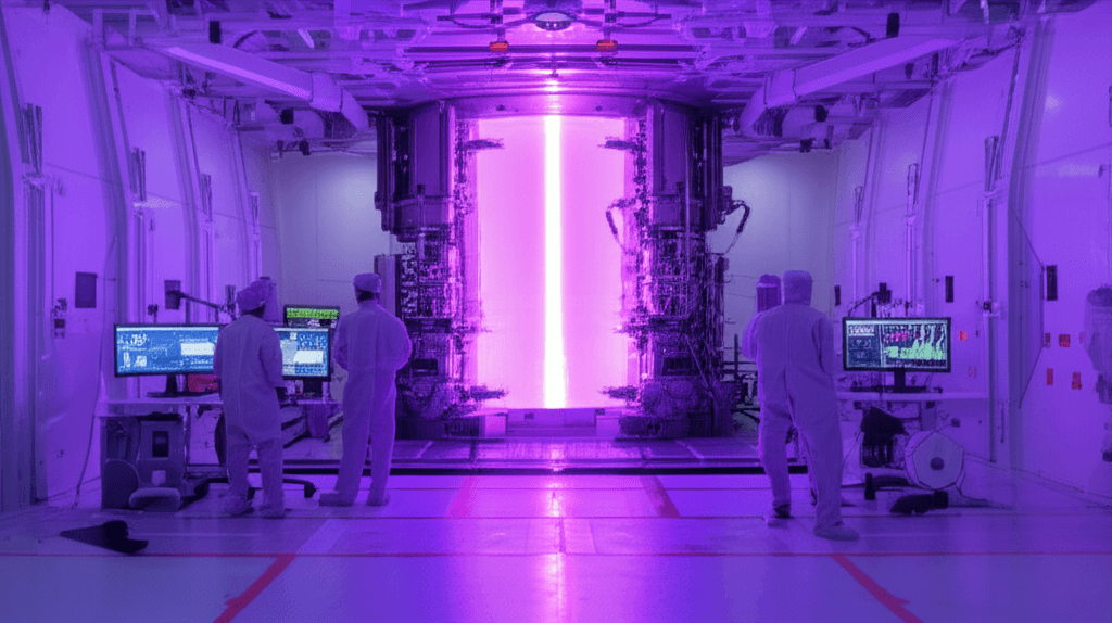 Helion's Polaris fusion reactor glows purple during a fusion power experiment.