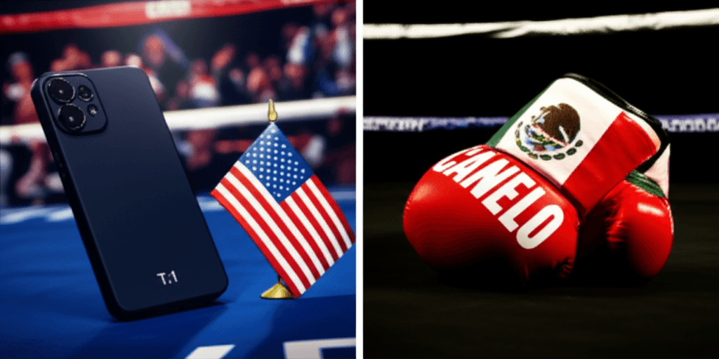 Image of a Trump Mobile phone next to a Canelo Alvarez boxing glove, representing Trump Mobile origins