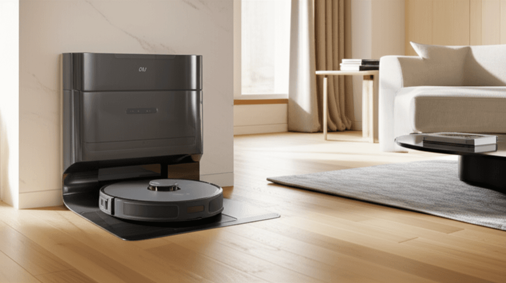 The transparent base station of the DJI robovac showing its internal components.