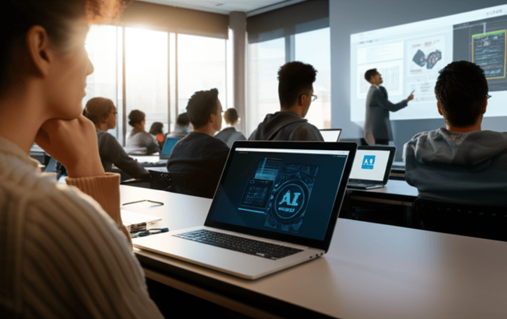 Groups of college students discussing an AI degree shift
