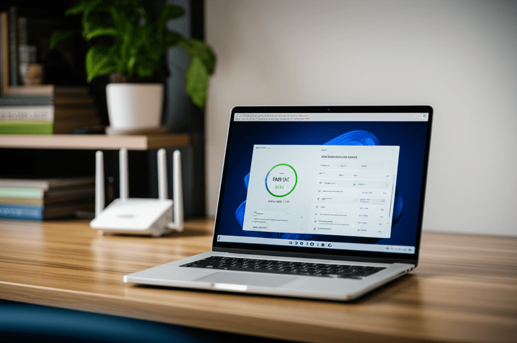 Windows 11 logo with network speed test icon overlay.