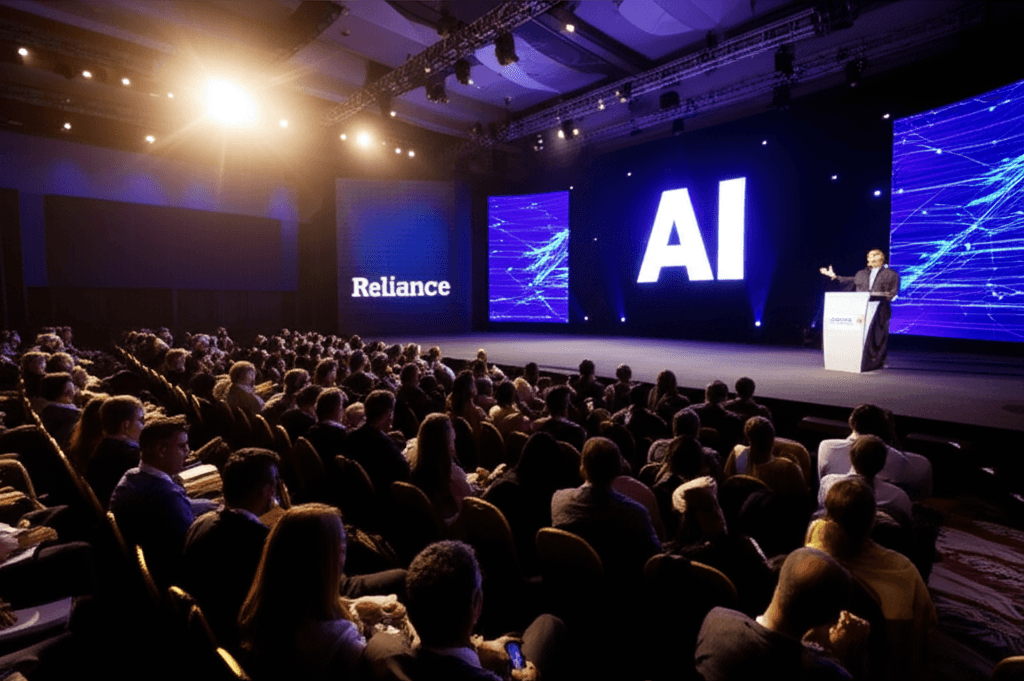 Mukesh Ambani announcing the Reliance AI investment plan.