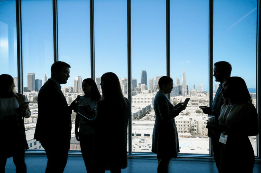 Group of diverse tech professionals networking at an industry event, highlighting the tech industry network.