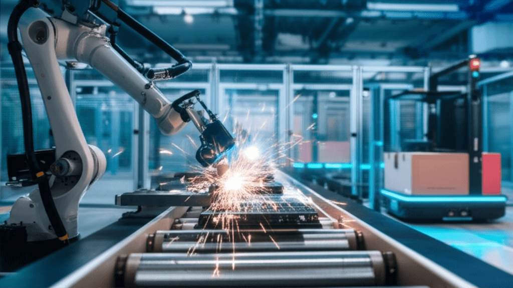 A robotic arm assembling a product in a factory, showcasing physical AI robotics.