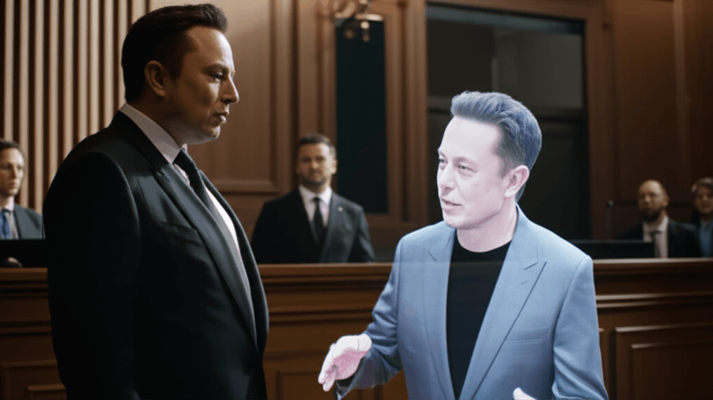 Elon Musk giving a press conference with OpenAI logo projected behind him, illustrating the Elon Musk OpenAI feud.
