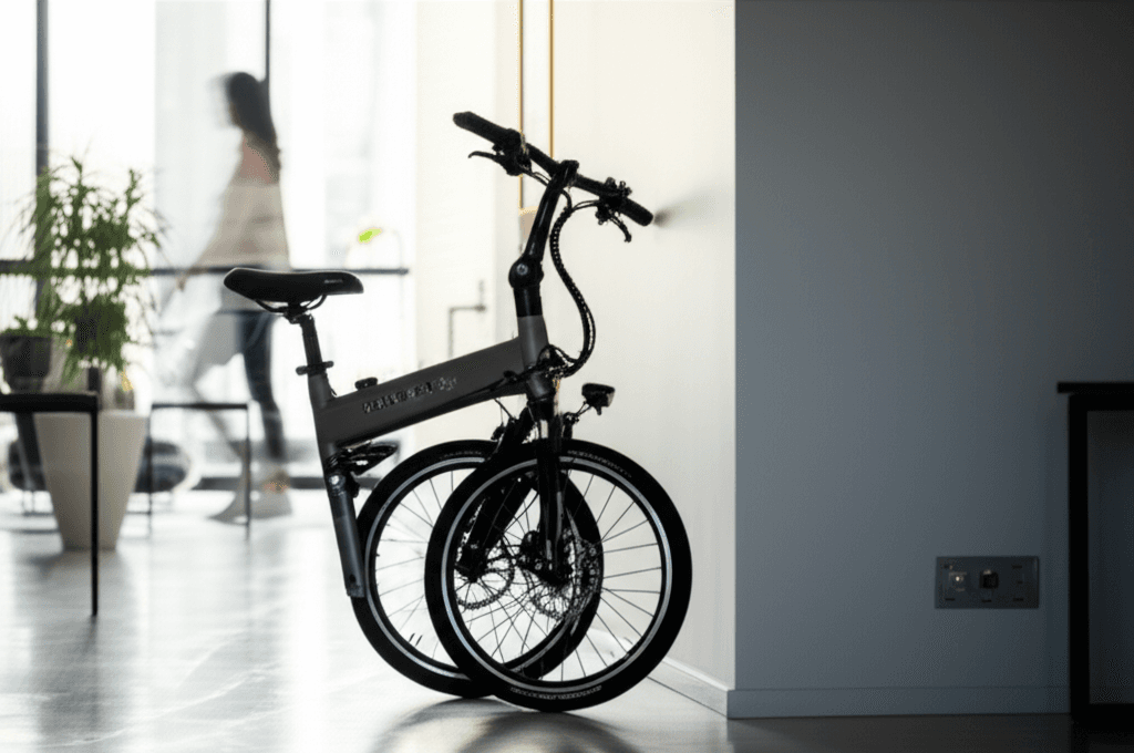 Tenways CGO Compact shareable city e-bike folded for storage.