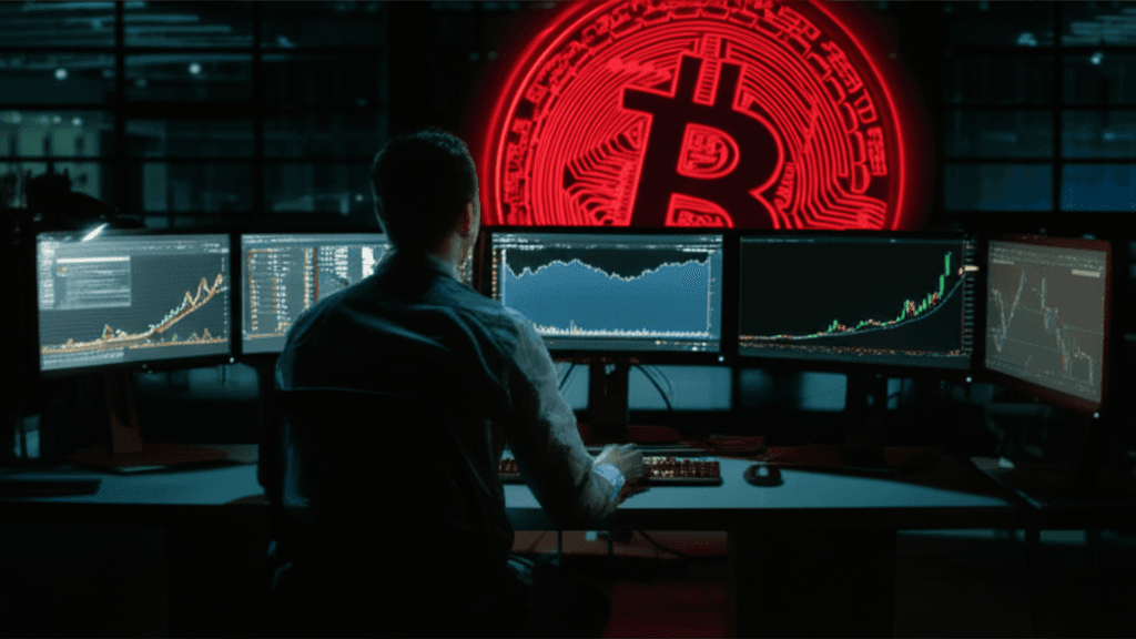 Bitcoin coin in shadow with rising altcoin graph in background