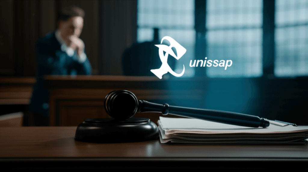 Uniswap logo overlaid on a courtroom gavel, representing the Uniswap escapes crypto rug pull lawsuit.