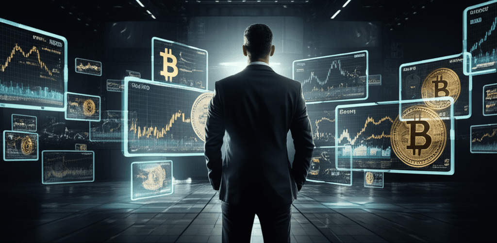 AI generated image showing AI interface with Bitcoin logo