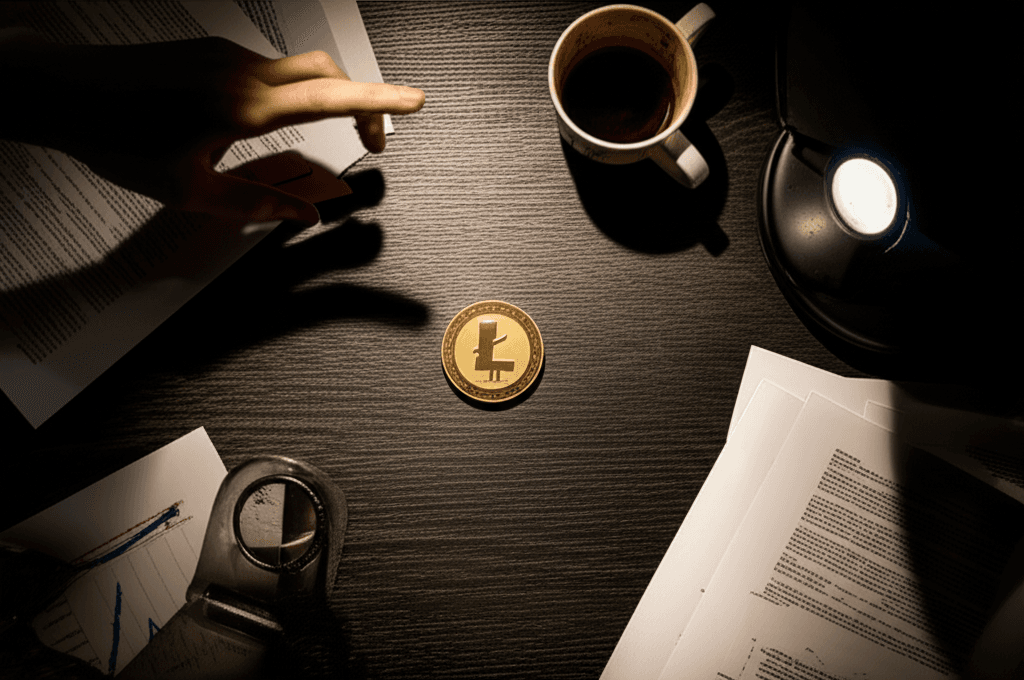Digital rendering of a stablecoin partially obscured by a shadow, symbolizing the stablecoin money laundering risk.