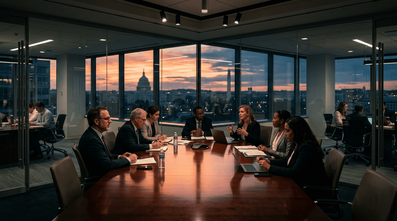 A professional office setting with a digital display showing the SEC token taxonomy framework.
