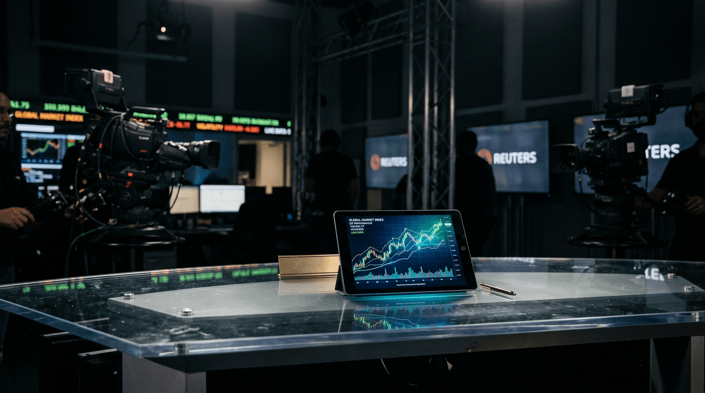 A digital display showing the CoinDesk 20 Index data in a professional financial setting