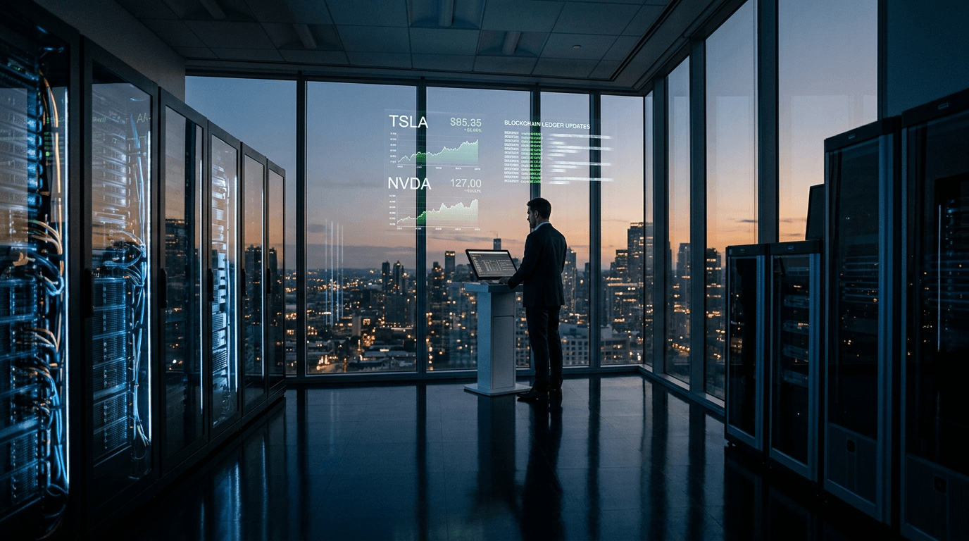 A futuristic digital exchange interface showing the growth of tokenized stocks