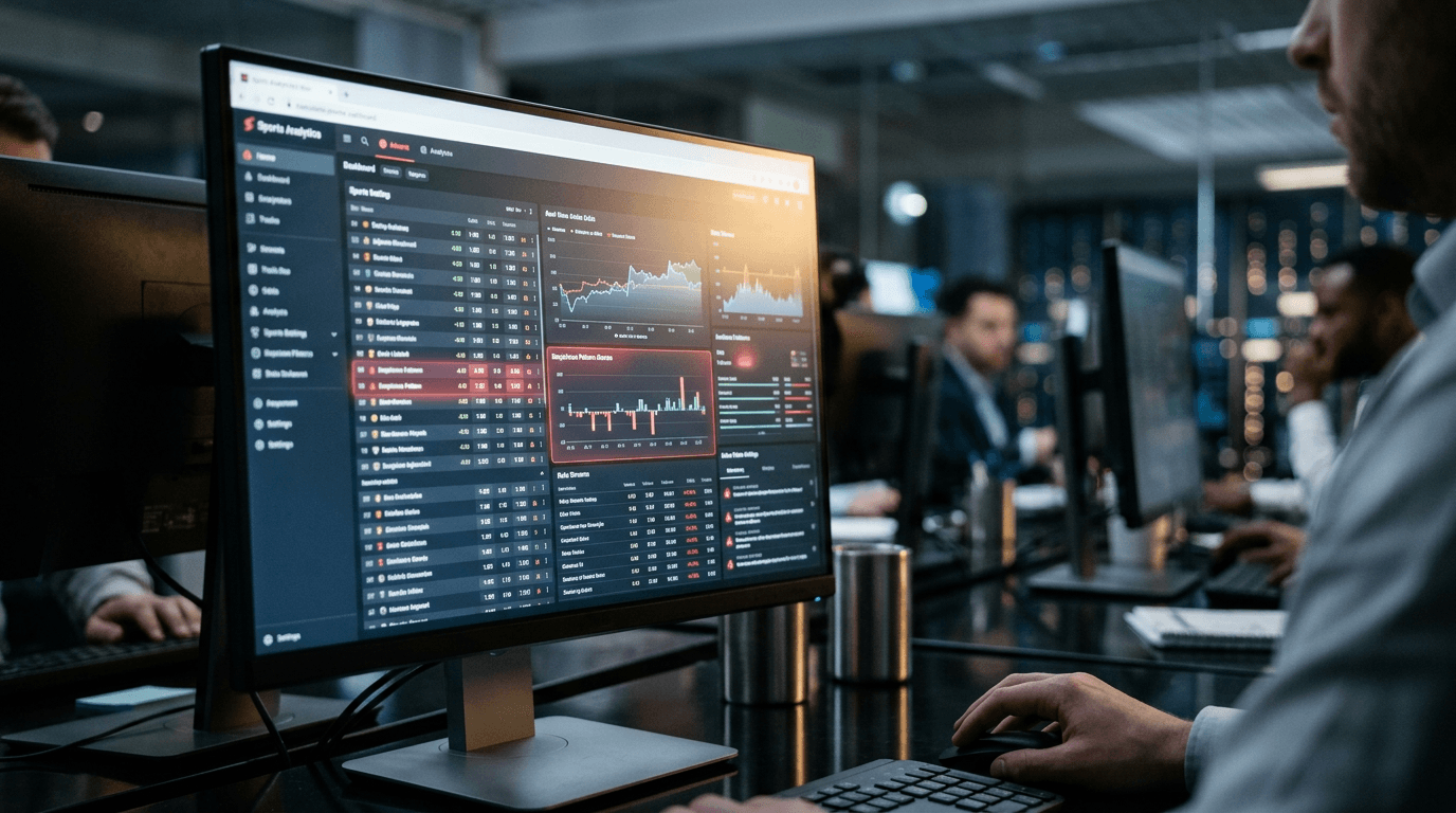 A digital interface displaying real-time sports betting data with overlaid AI anomaly detection alerts, signifying the new sports integrity platform.