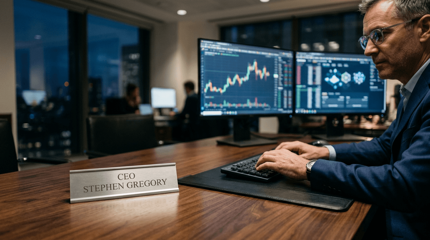 Close-up of a corporate nameplate with 'CEO Stephen Gregory' on a polished desk, symbolizing the new Binance.US CEO appointed.