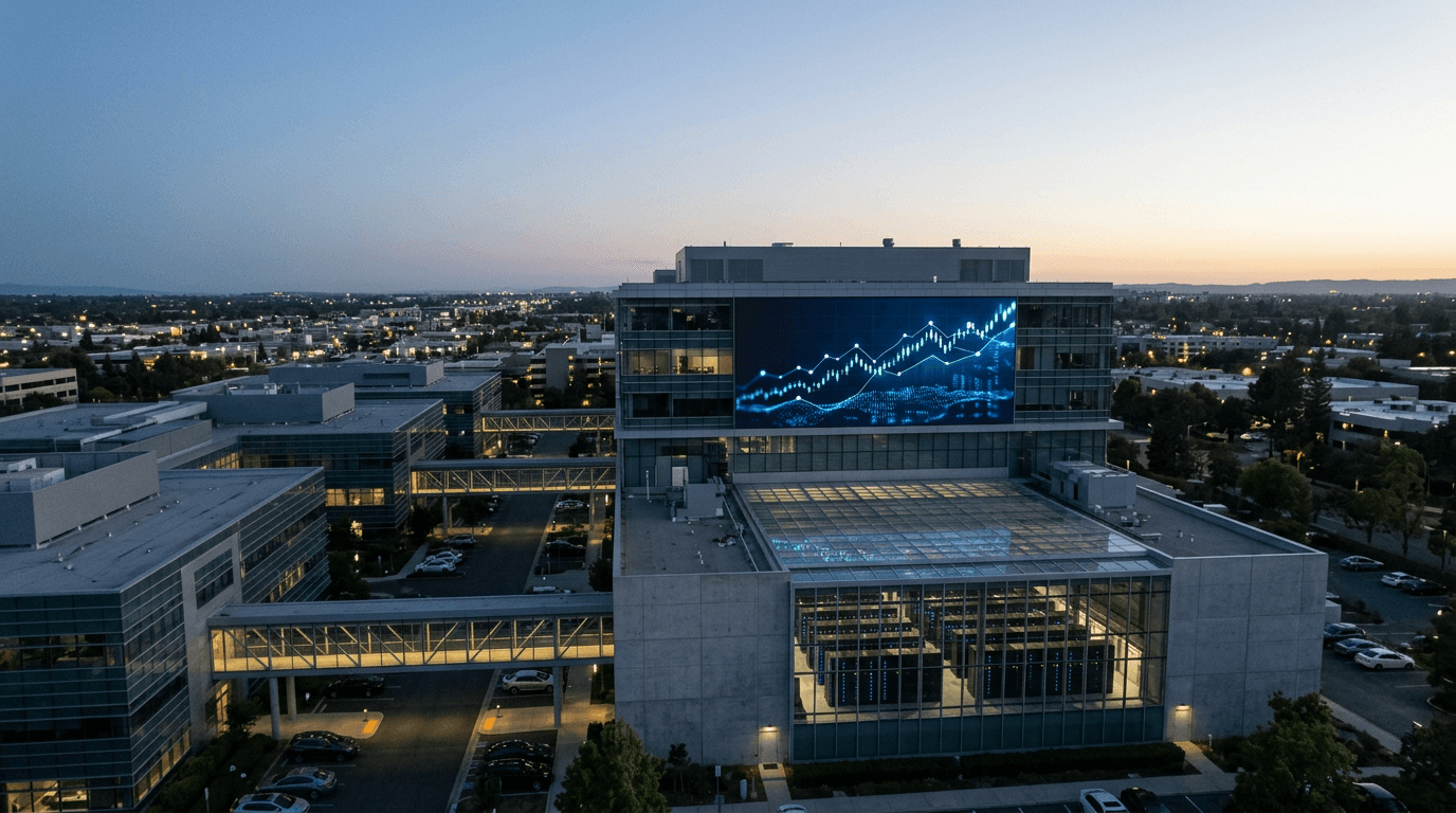 An aerial view of a corporate data center with Bitcoin acquisition strategy charts projected onto screens.