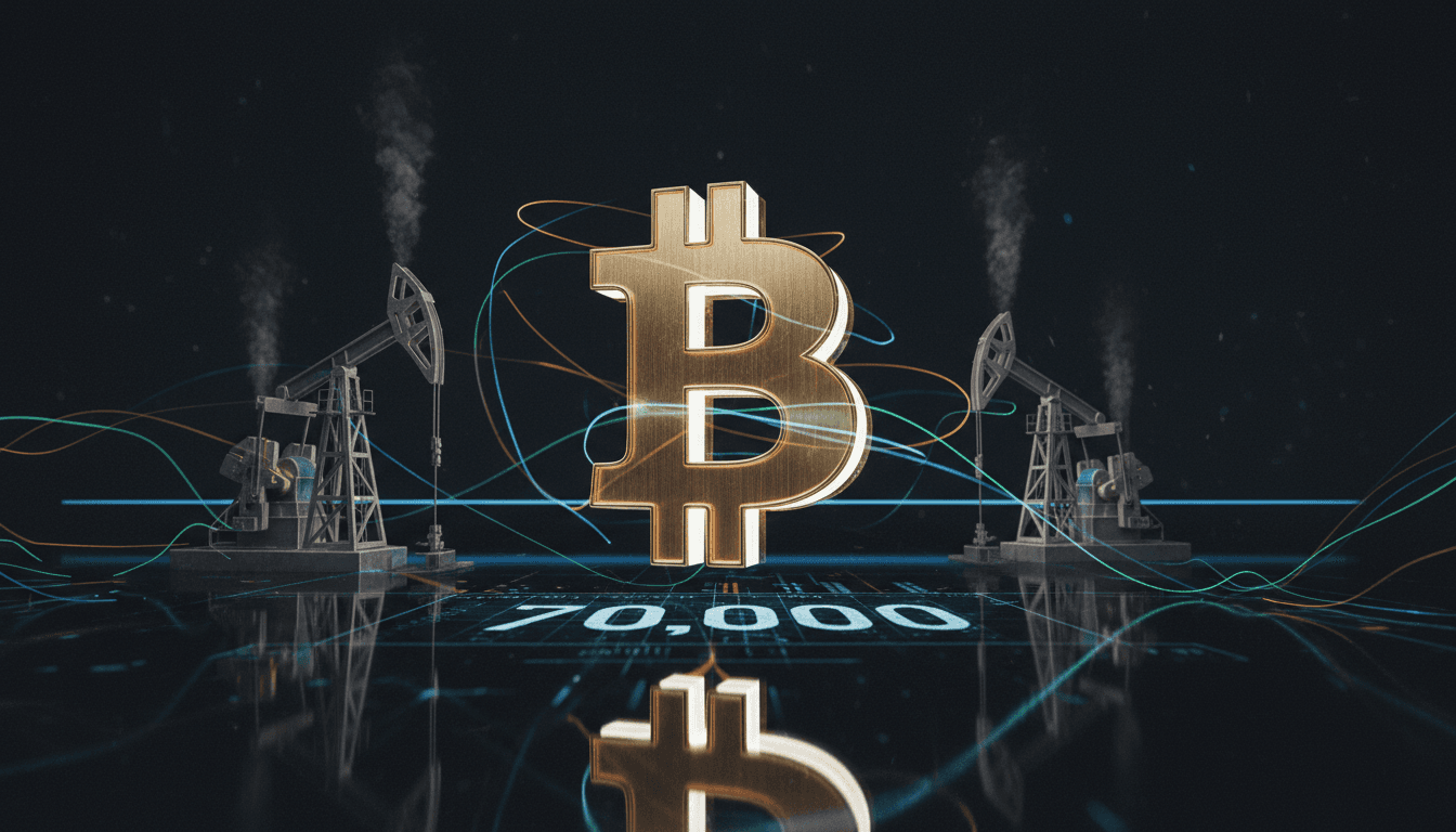 A digital representation of Bitcoin hugging the $70K range, depicted as a large, glowing Bitcoin symbol delicately balanced on a digital scale with weights representing interest rates and oil barrels.