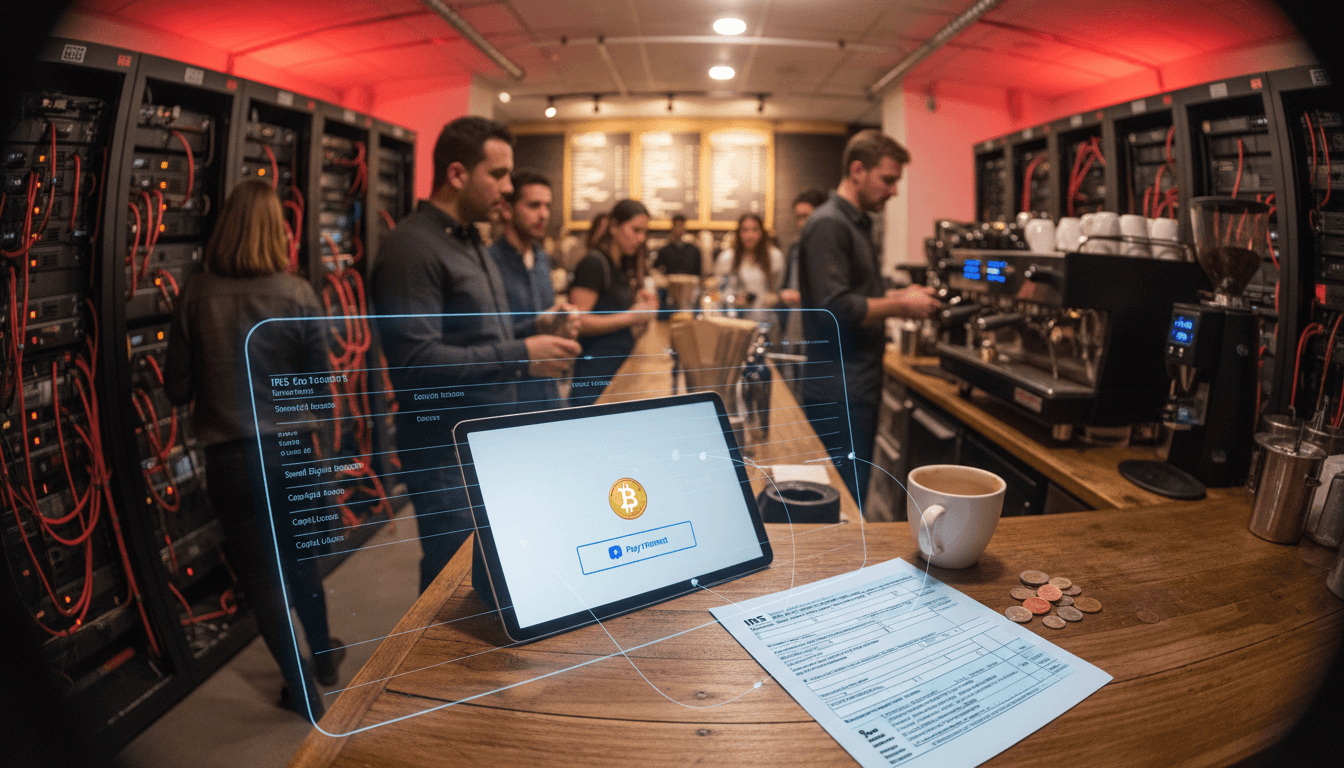 A digital representation of the Coinbase Bitcoin de minimis tax concept, showing a small coffee cup with a Bitcoin logo next to a tax form.