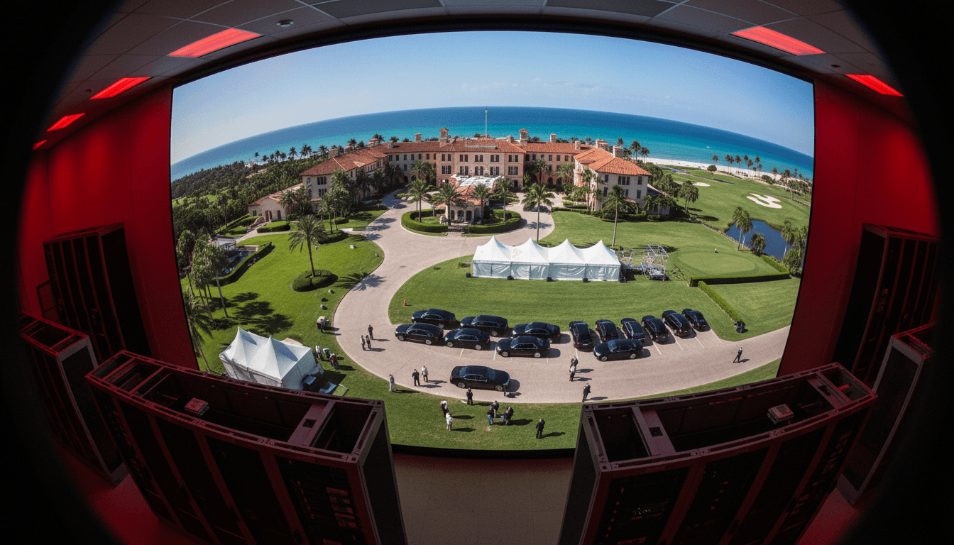 Aerial view of Mar-a-Lago, the venue for the Trump memecoin gala, with luxury cars parked and event setup visible.