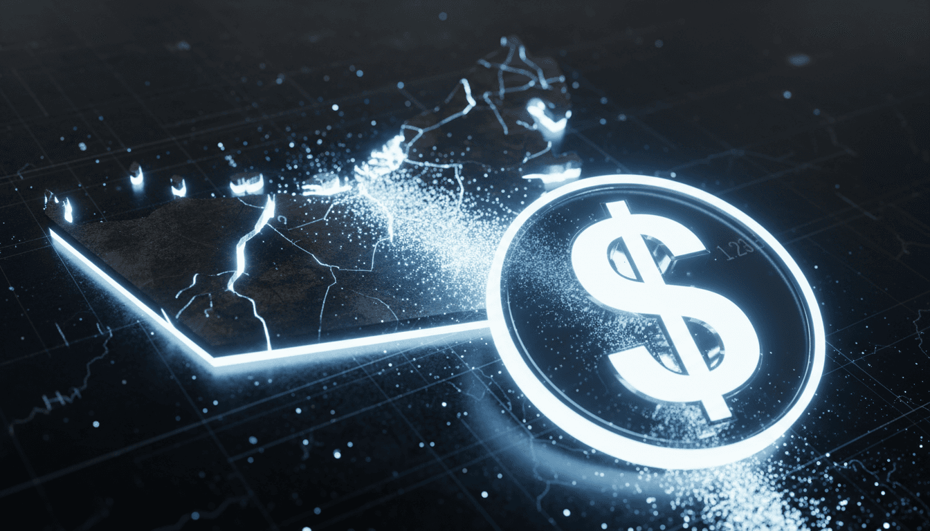 A digital representation of USD Coin (USDC) flowing out of a distressed, cracked map of Dubai, illustrating the USDC market cap surge due to capital flight.