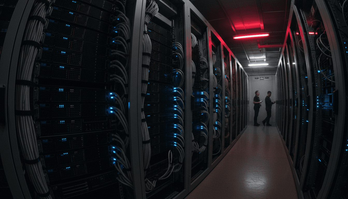 A close-up of a complex server rack with glowing blue and green indicator lights, symbolizing the infrastructure of the decentralized compute future.