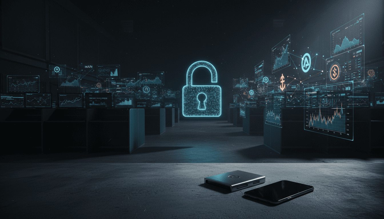 A digital padlock symbolizing stablecoin regulatory uncertainty, with traditional bank buildings in the background and a blurry crypto firm logo in the foreground.