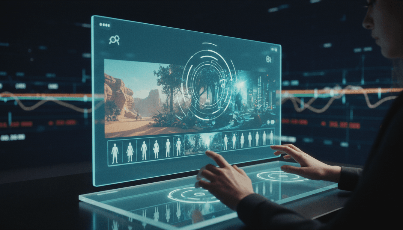 A futuristic digital interface displaying a scene of long-form AI video generation, with character models and narrative timelines visible.