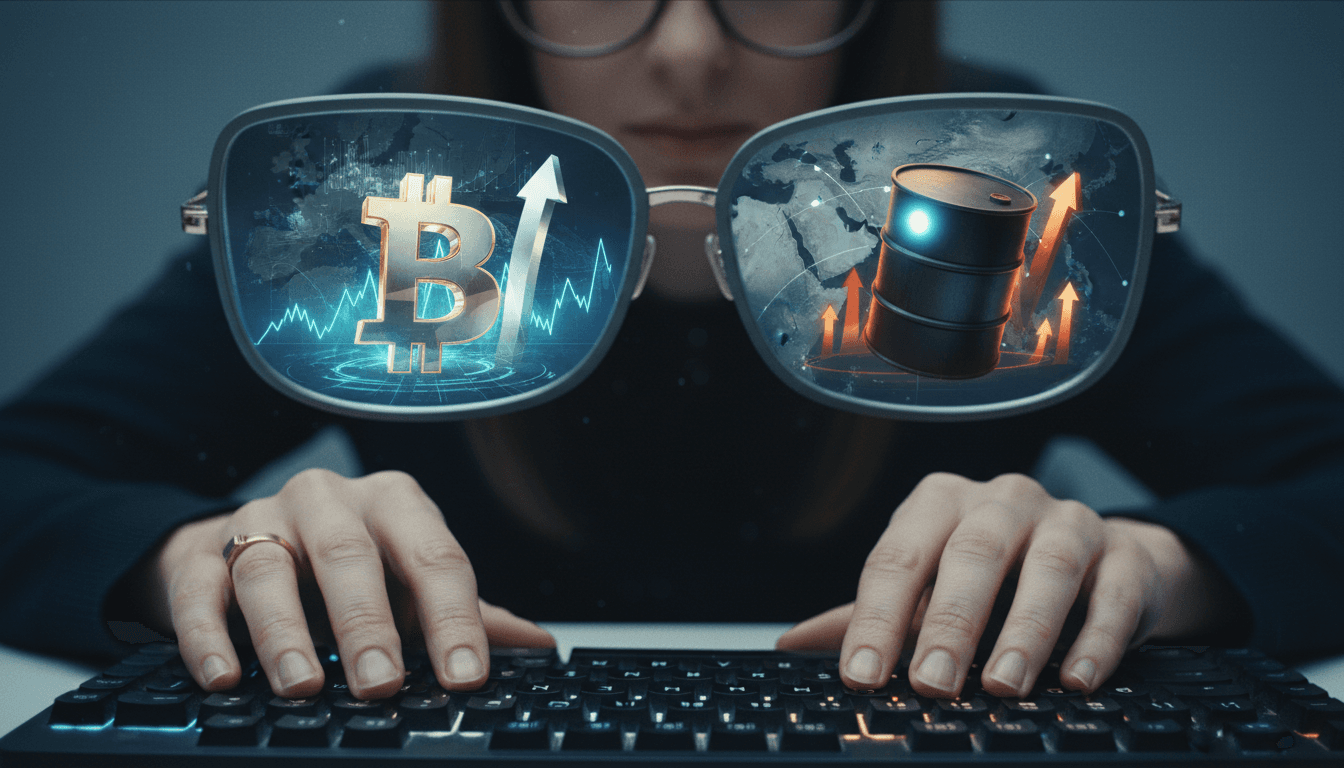 A digital representation of Bitcoin advancing as oil jumps, symbolizing the correlation between cryptocurrency and commodity markets during global instability.