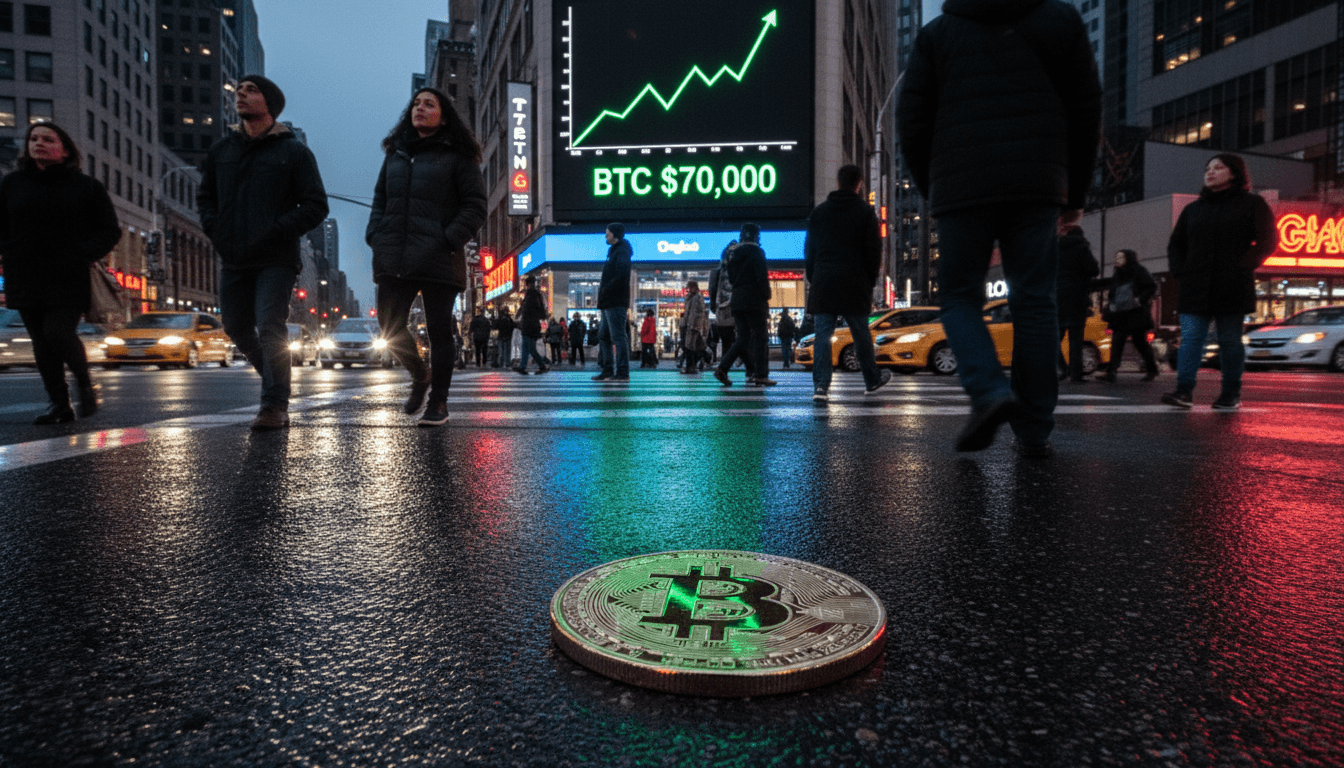 A bustling street scene with a digital billboard displaying a graph showing a significant Bitcoin price surge, amidst reflections of city lights.