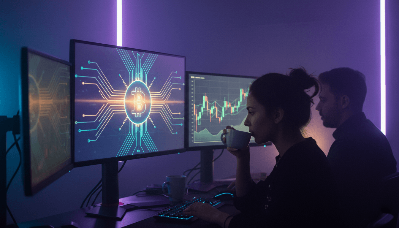 A digital representation of Bitcoin capital flows, with glowing lines connecting financial institutions and a rising price chart in the background.