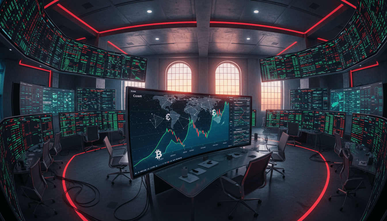 A digital representation of Bitcoin's price chart showing an upward trend, with geopolitical maps and economic indicators subtly overlaid in the background, illustrating the period when Bitcoin macro tests loom.